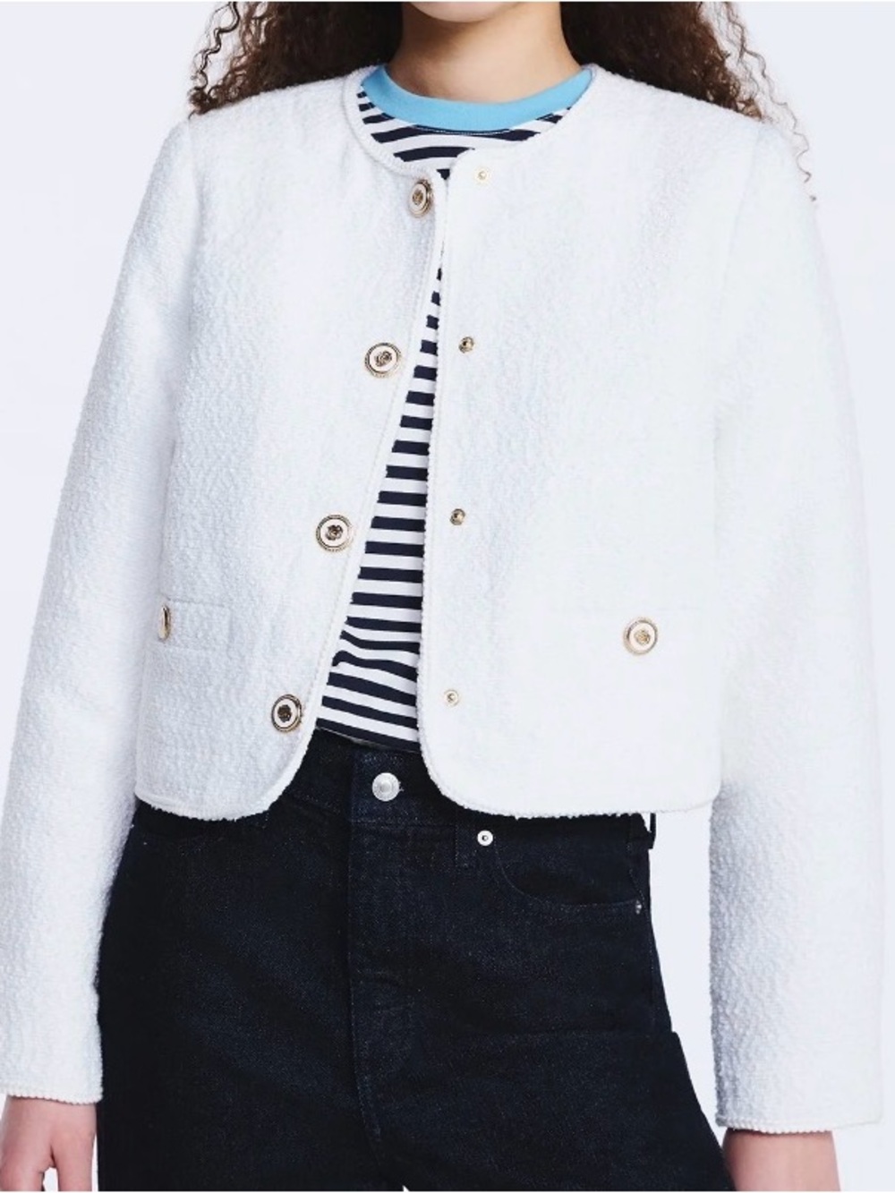 Free Assembly Cropped Bouclé Jacket Collarless Nubby Long Sleeves XS (0-2) white